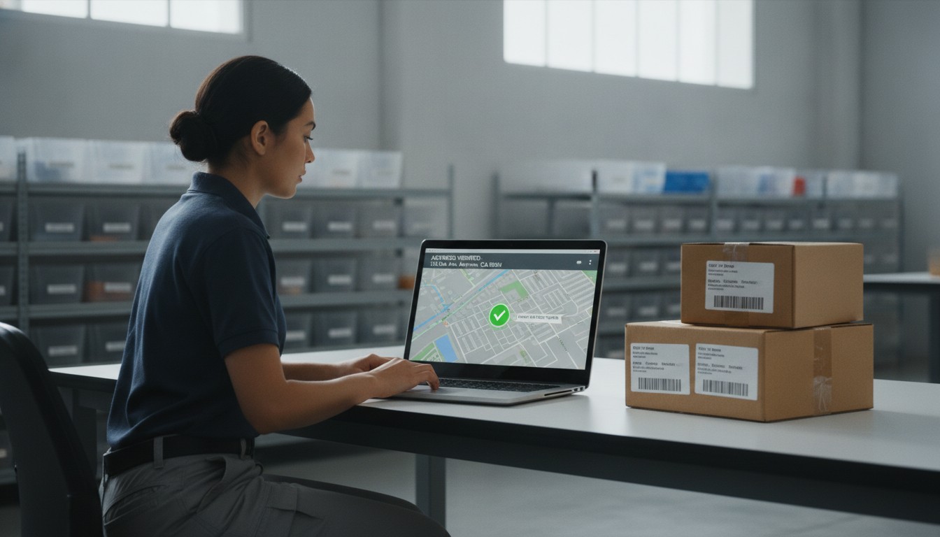 Ecommerce fulfillment worker using address validation to verify a customer shipping address and cut failed deliveries