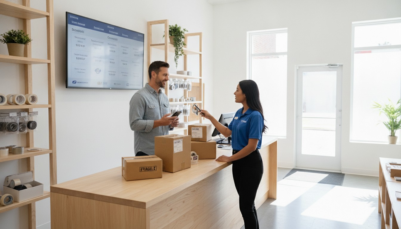 Customer comparing cheapest shipping options at a US parcel store counter in 2026