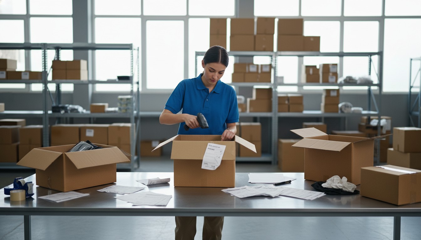 Warehouse worker processing ecommerce returns at a reverse logistics station