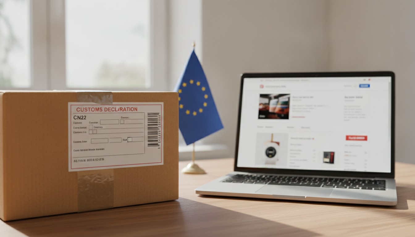 EU de minimis ending July 2026: an international ecommerce parcel with a customs declaration form and EU flag, what US sellers must do