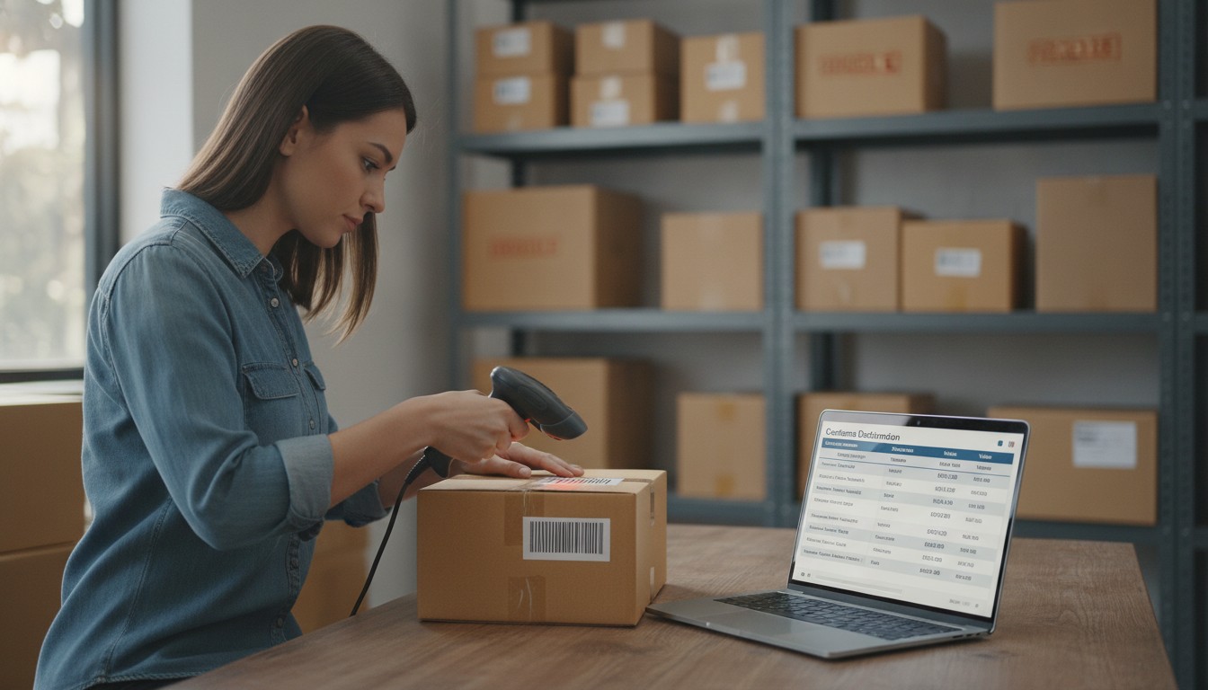 Ecommerce worker scanning a parcel label alongside a customs declaration with HS classification codes in 2026