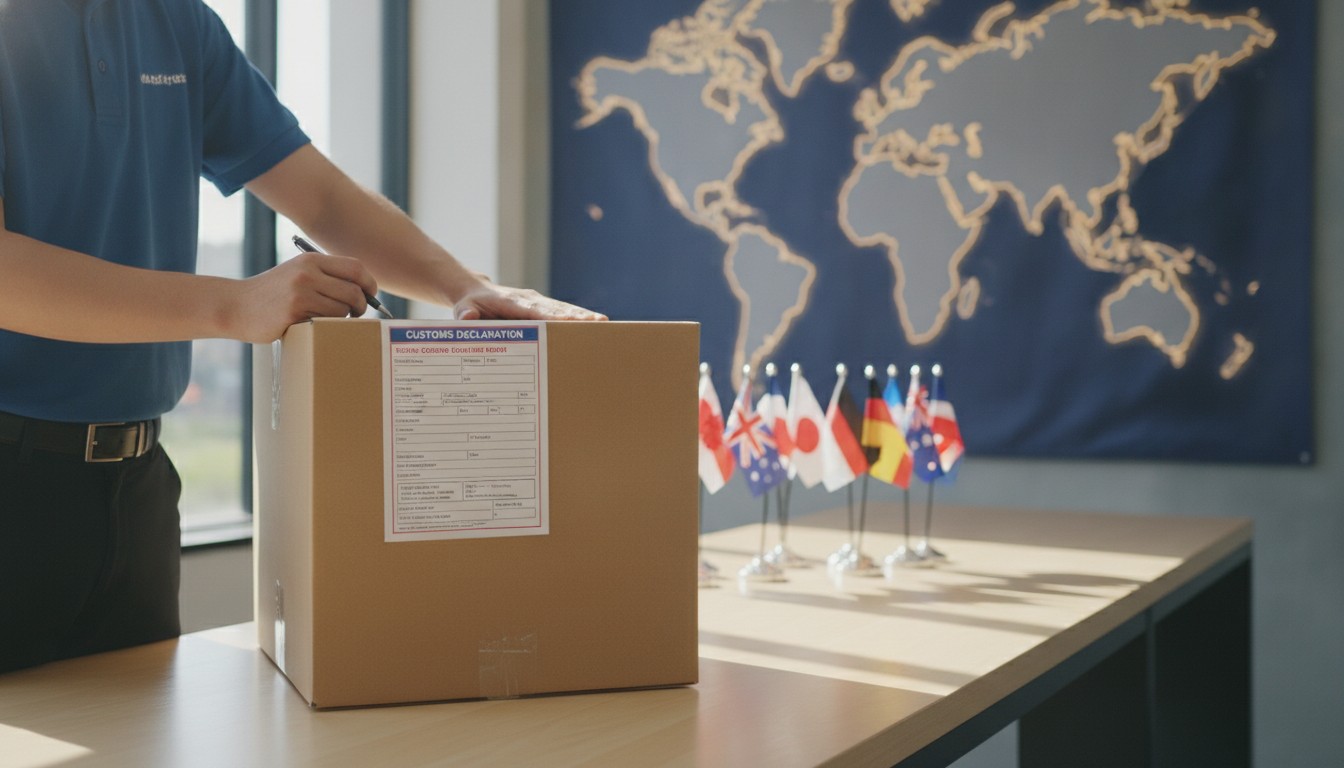A shipping clerk attaching an international customs declaration form to a parcel — how to ship internationally from the US in 2026