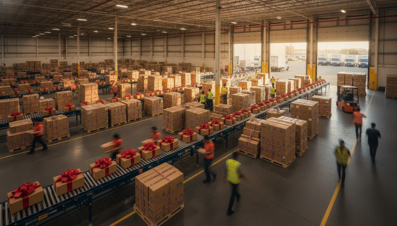 Ecommerce fulfillment warehouse packing parcels during the 2026 holiday peak season