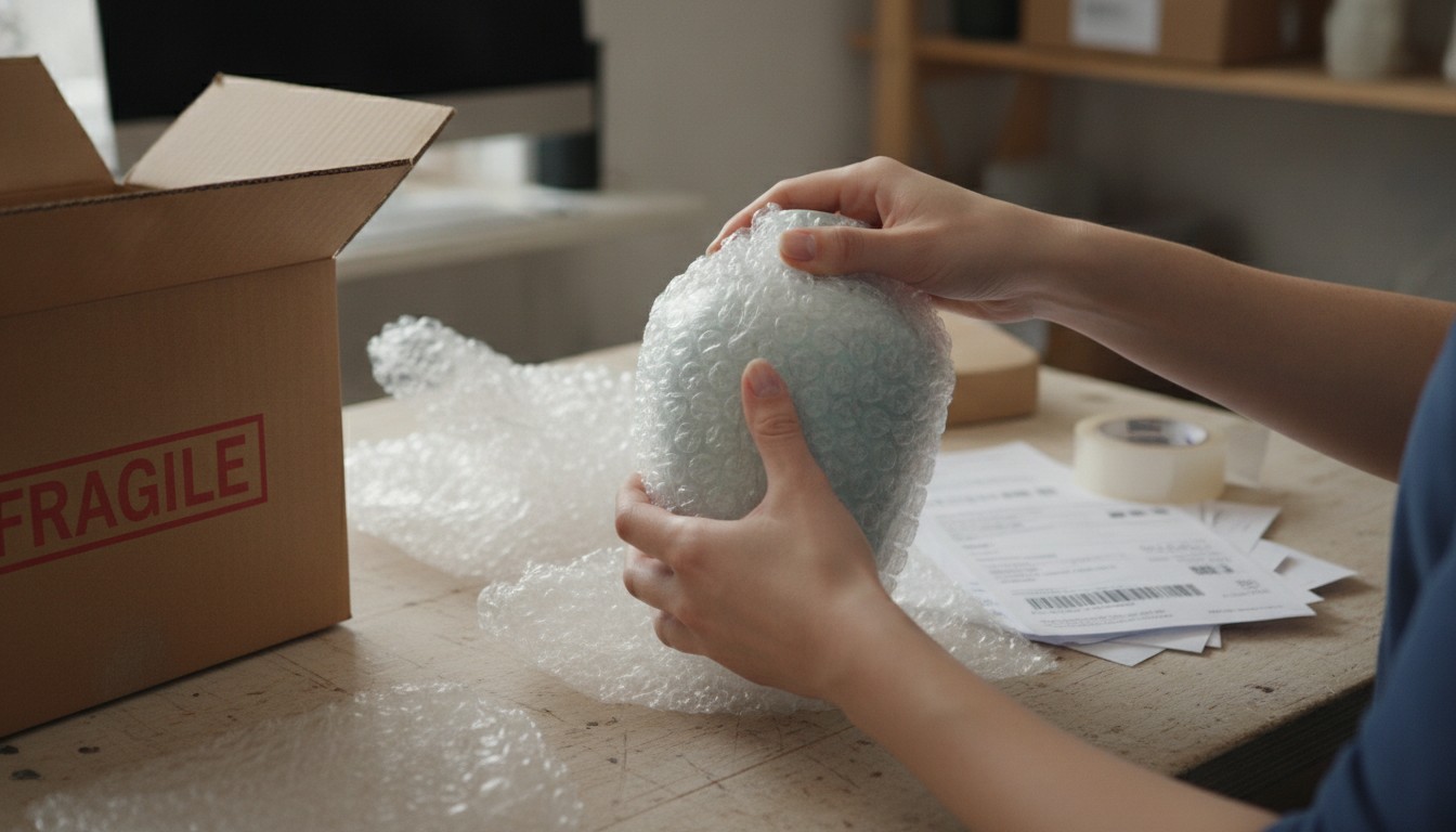 Packing a fragile item for shipment, illustrating shipping insurance for ecommerce