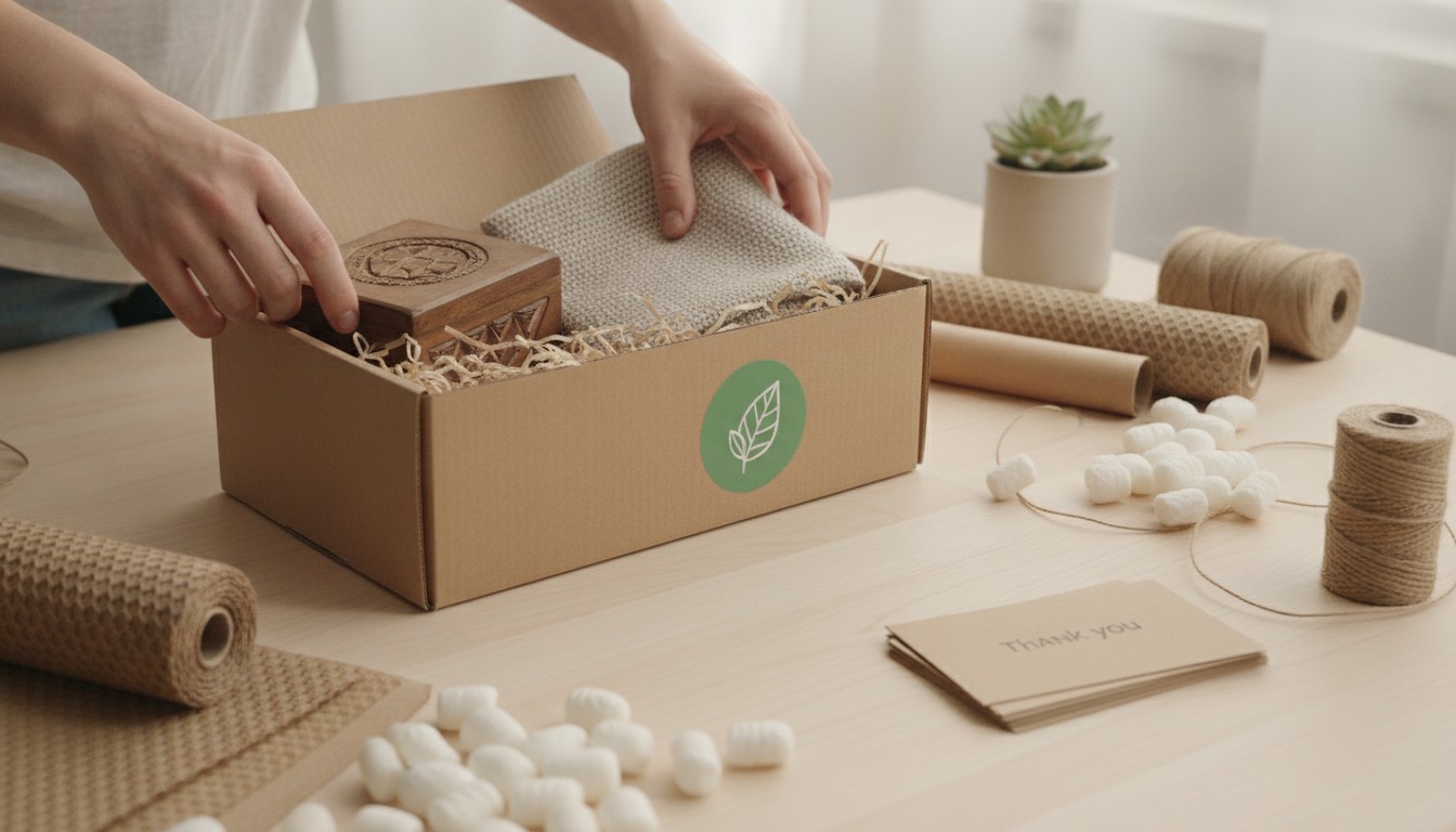 Hands packing products into a recyclable kraft cardboard box with paper void-fill, illustrating sustainable ecommerce shipping in 2026