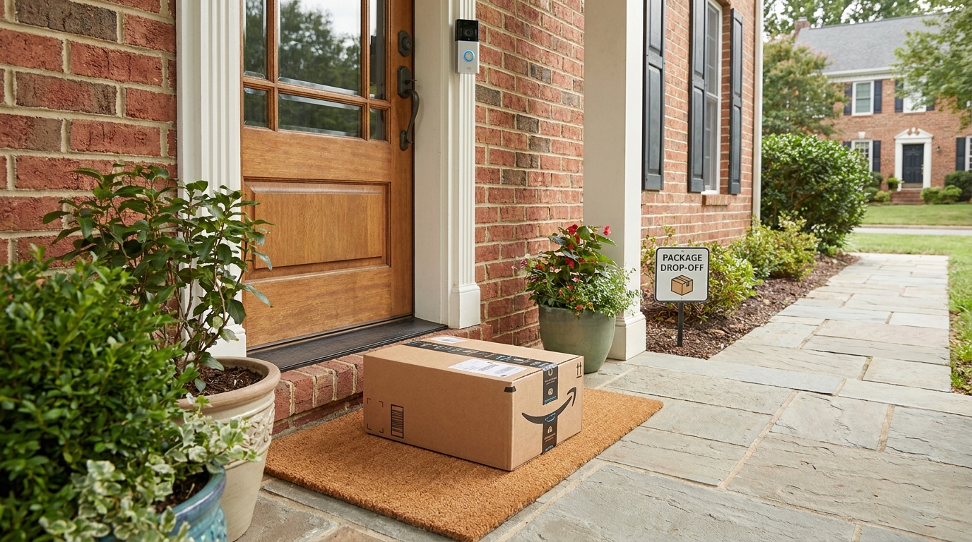E-commerce parcel on a doorstep under a doorbell security camera, illustrating porch piracy protection in 2026
