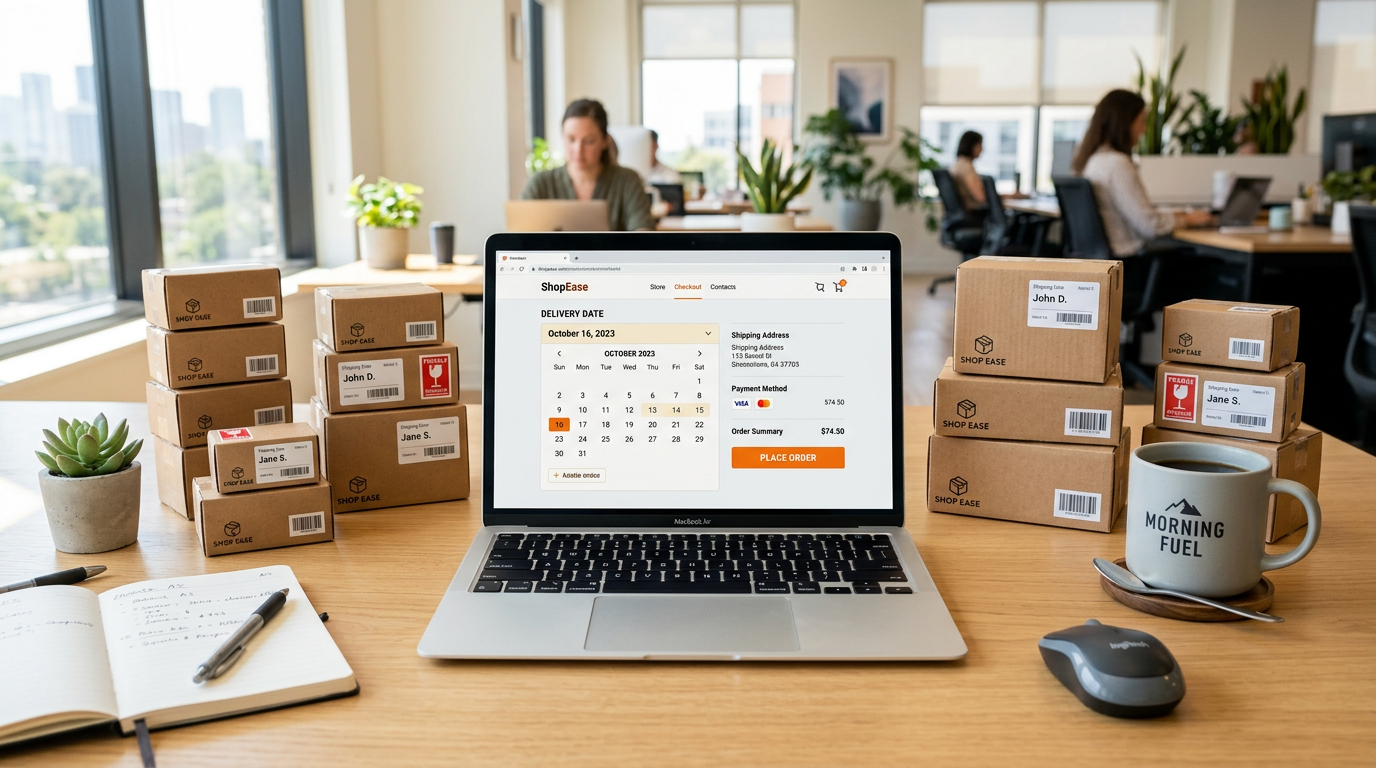 Estimated delivery date shown on an ecommerce checkout page with a delivery calendar, next to shipping boxes