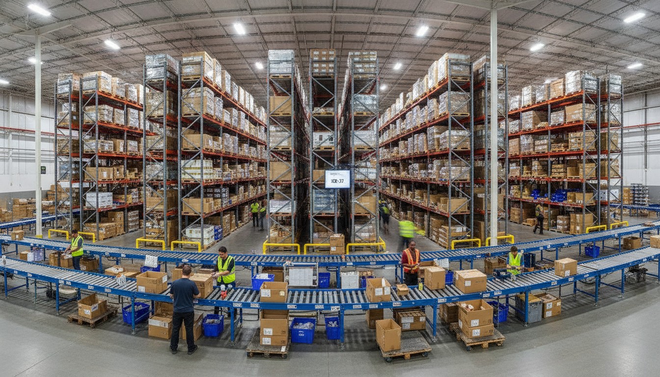 Workers picking and packing ecommerce orders in a 3PL fulfillment center warehouse