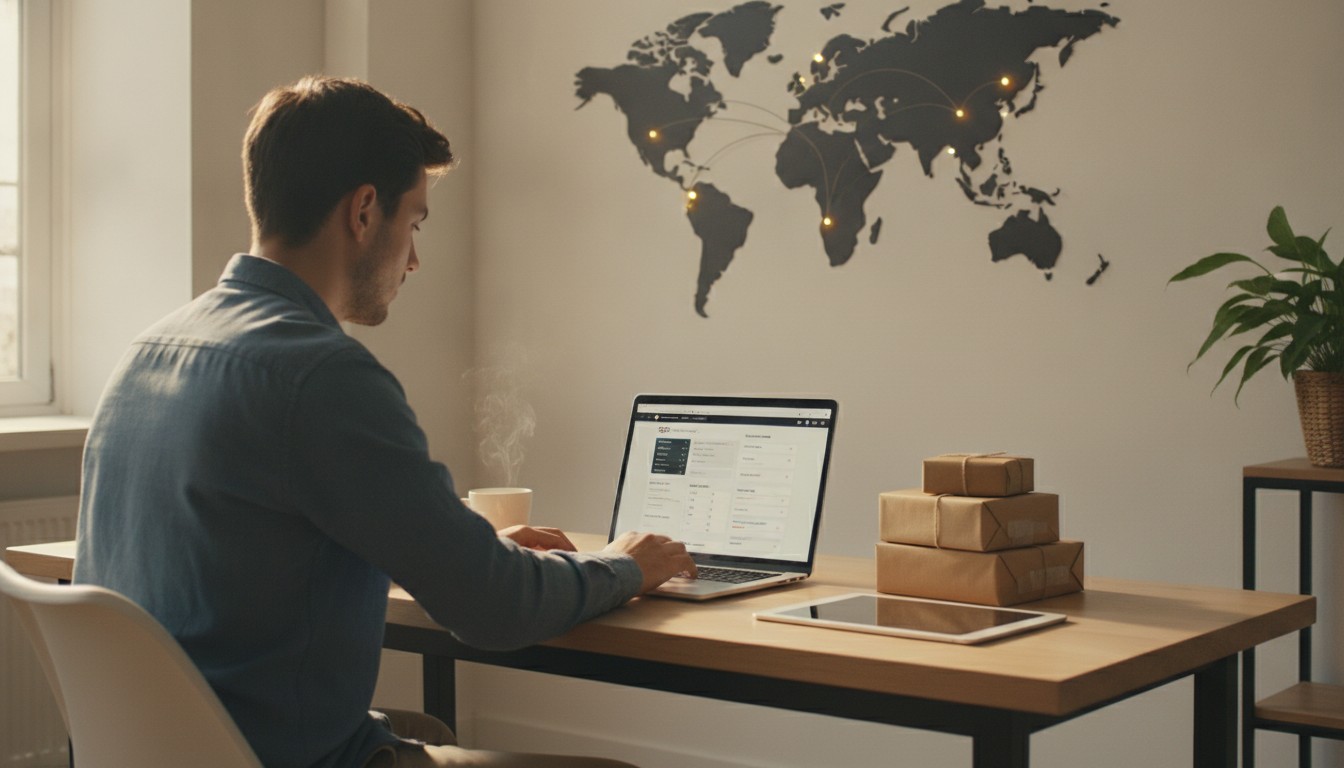 Ecommerce seller reviewing international duties on a laptop checkout page — landed cost 2026