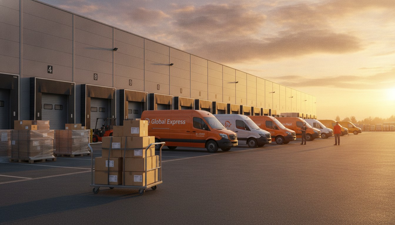 Multi-carrier shipping strategy 2026: courier vans from several carriers at an ecommerce warehouse