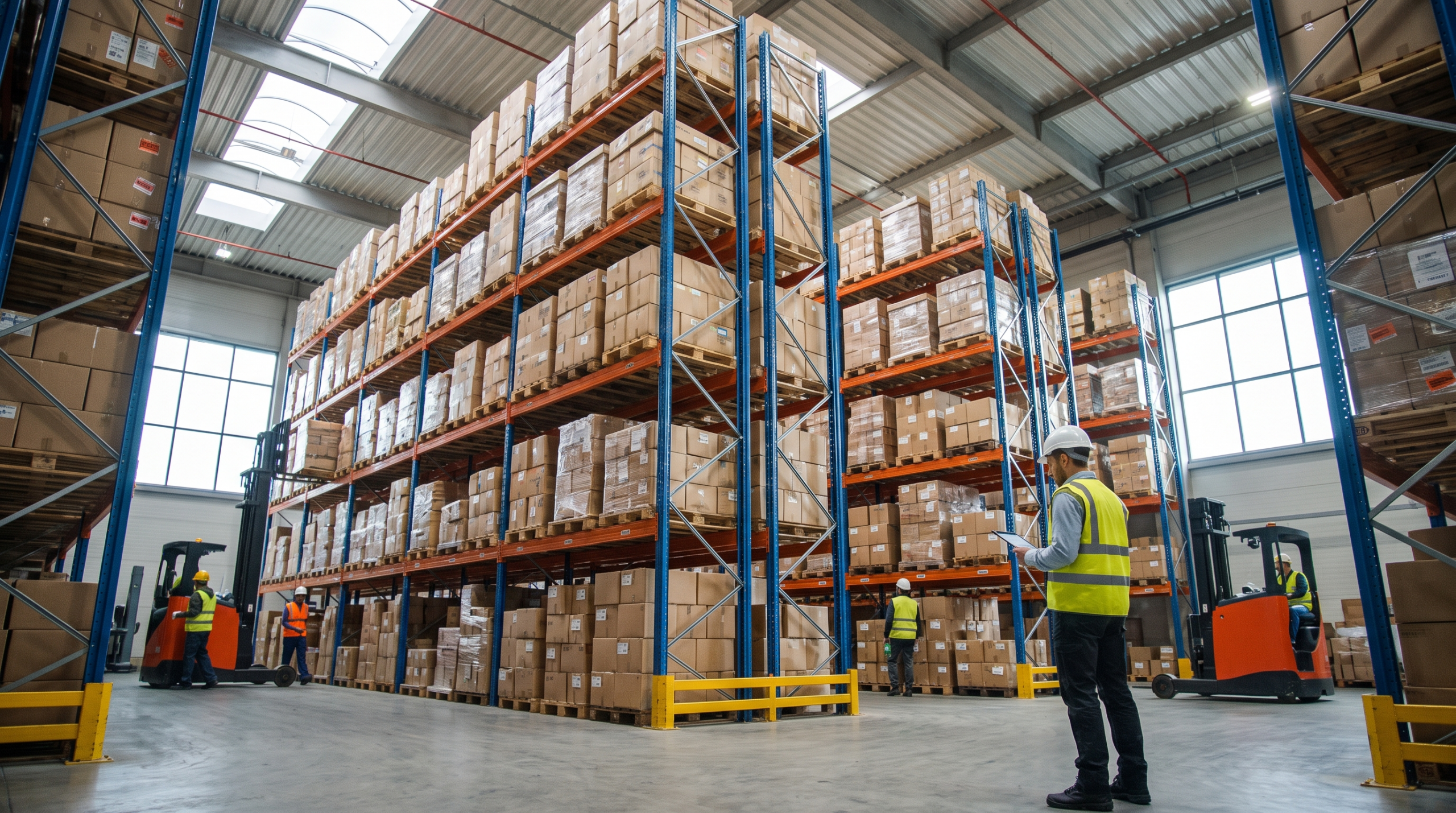 Bonded warehouse interior with racked imported cartons and a logistics manager checking inventory