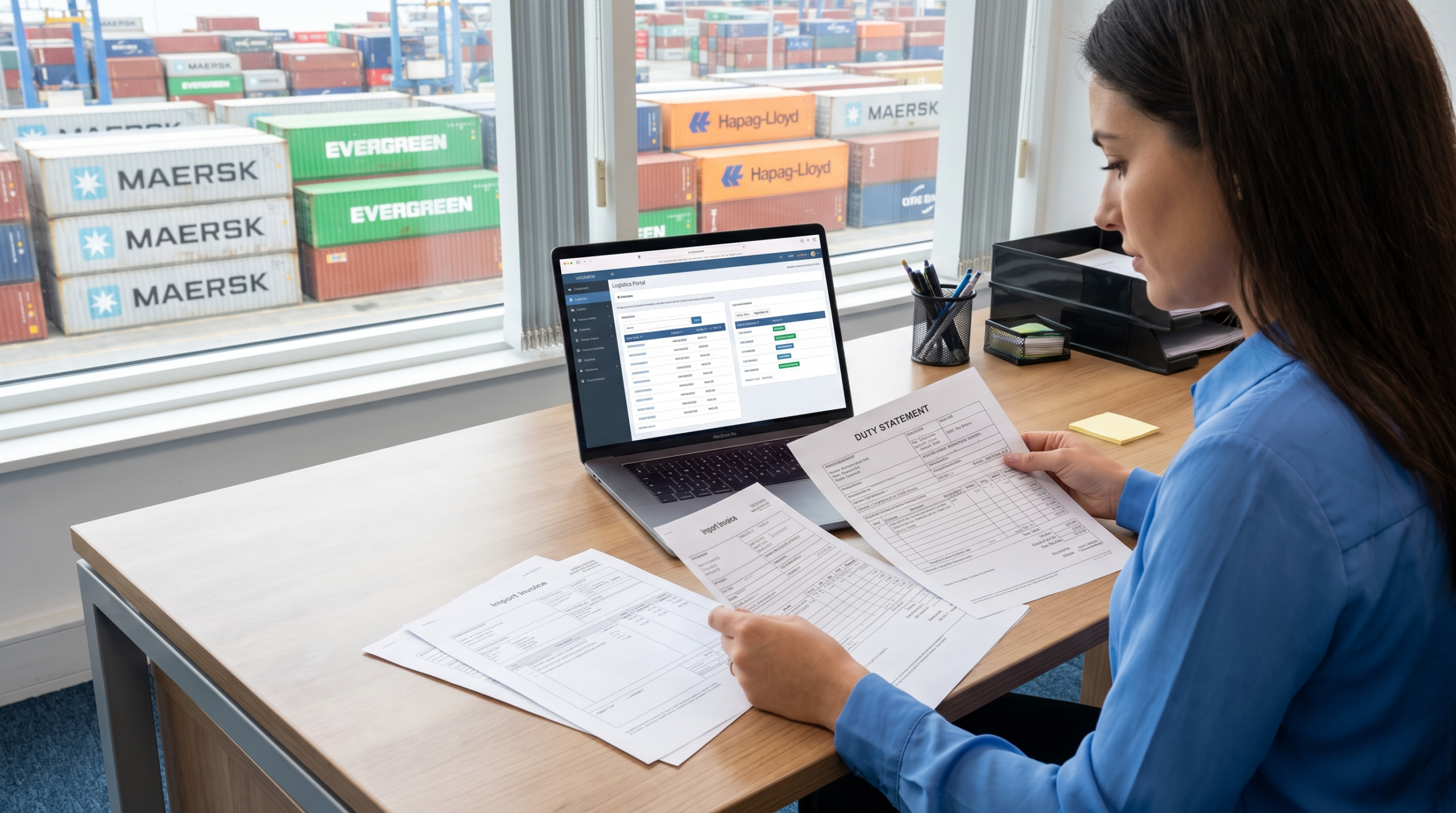 Reviewing customs brokerage fees on an import duty statement at a logistics office