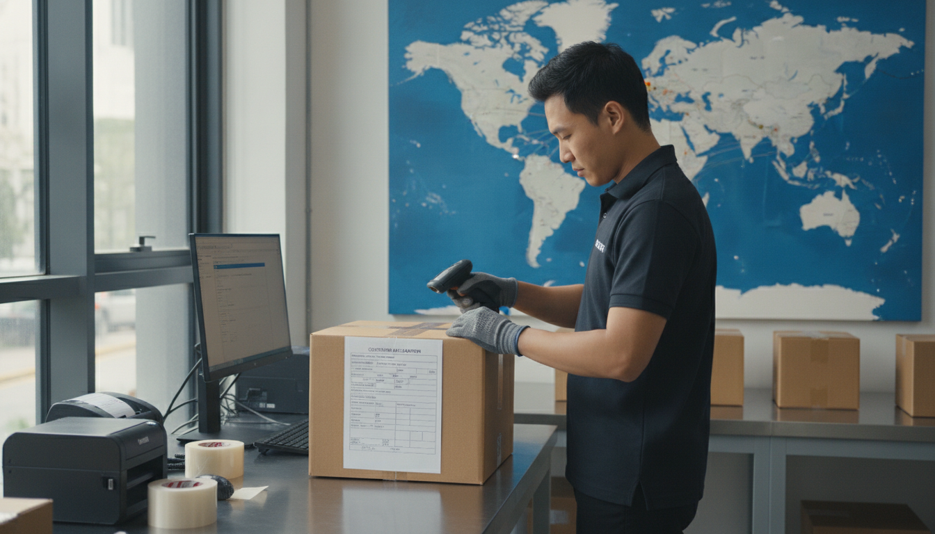 Ecommerce worker preparing an international parcel with customs paperwork, illustrating DDP vs DAP choices