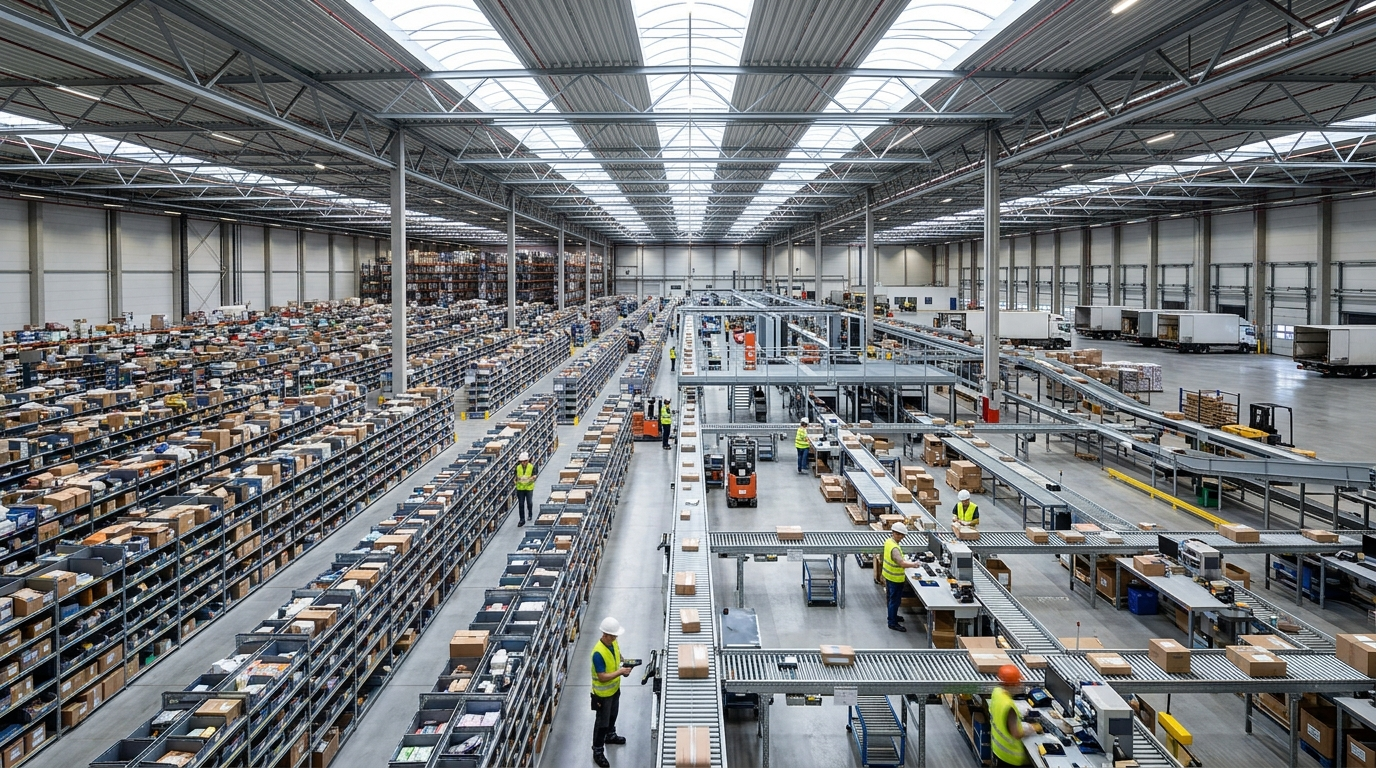 Modern ecommerce fulfillment warehouse illustrating a distributed inventory strategy across multiple locations