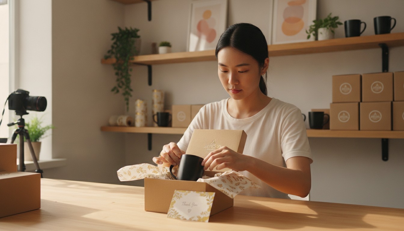 Ecommerce packaging: entrepreneur packing a branded kraft box with tissue paper and thank-you card