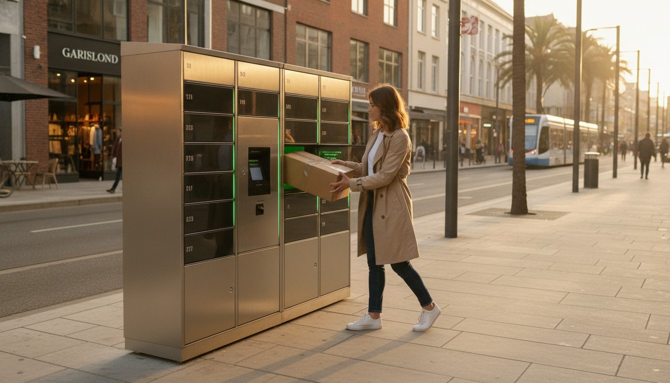 Customer retrieving an ecommerce package from automated parcel lockers on a city street