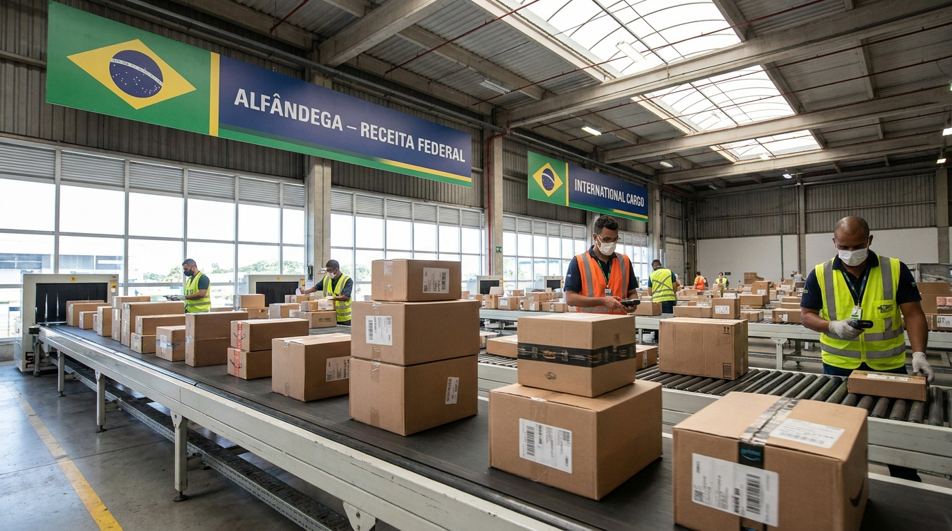 Ecommerce parcels on a conveyor at a Brazilian customs facility, illustrating shipping to Brazil from the US in 2026