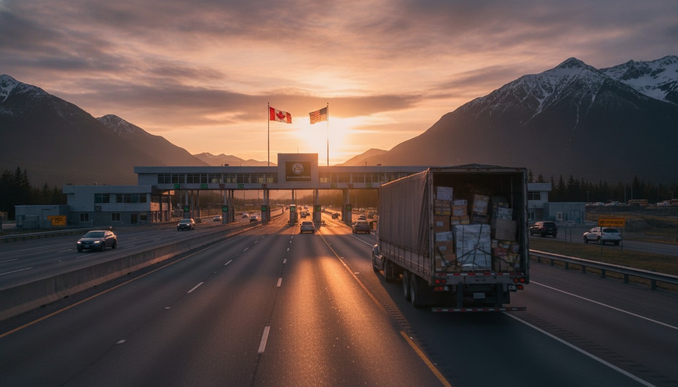 Shipping to Canada from the US: delivery truck with parcels approaching the US-Canada border crossing