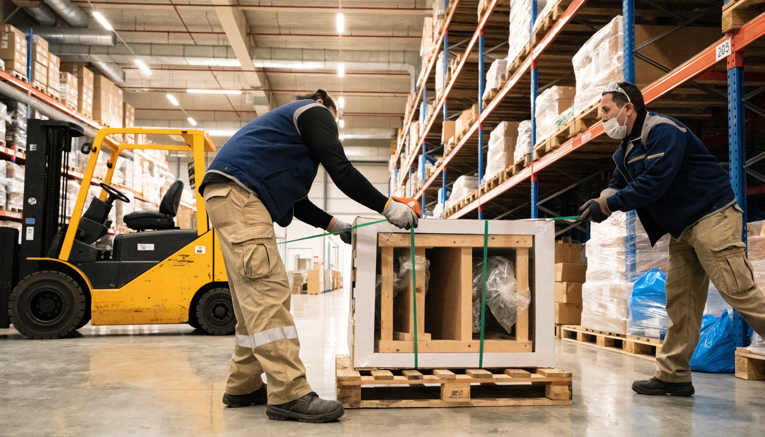 Warehouse team preparing an oversized furniture box for palletized shipping — shipping oversized items 2026