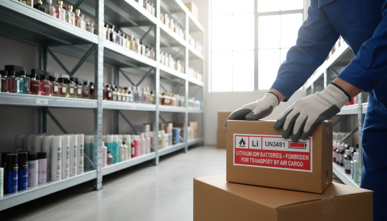 Warehouse worker applying a lithium battery warning label while shipping restricted items for ecommerce
