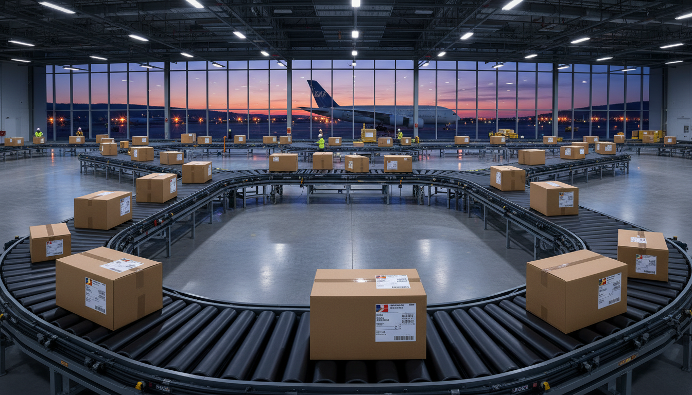 Parcels with international shipping labels on a conveyor at an air freight facility, shipping to Germany from the US