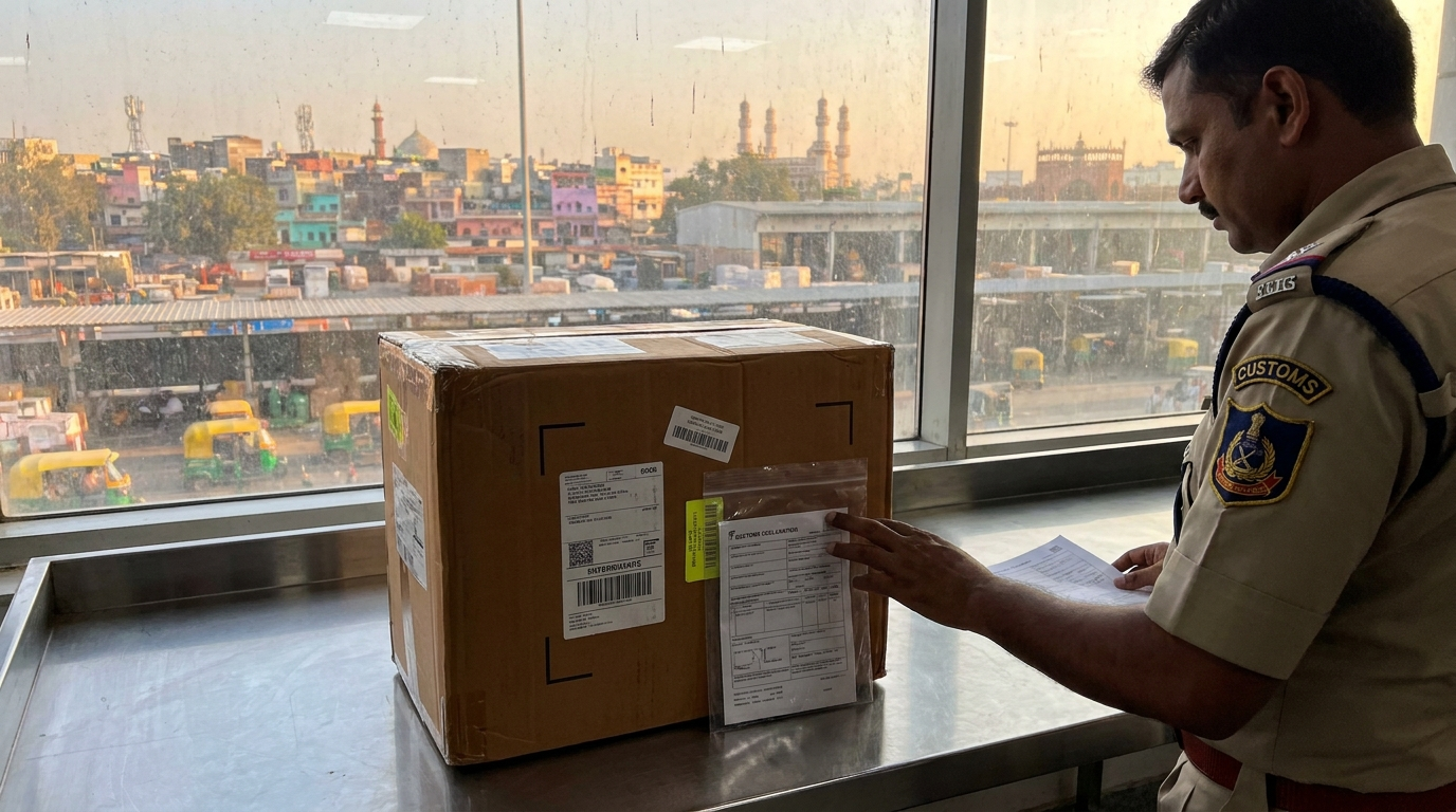 International parcel with customs paperwork at a clearance counter, illustrating shipping to India from the US in 2026