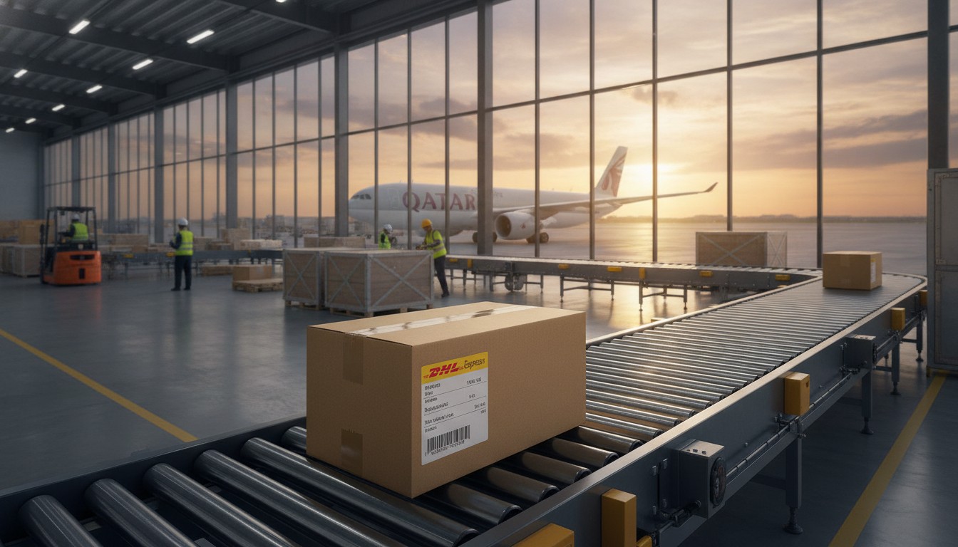 Ecommerce parcel with international shipping label at an airport cargo facility — shipping to Japan from the US 2026