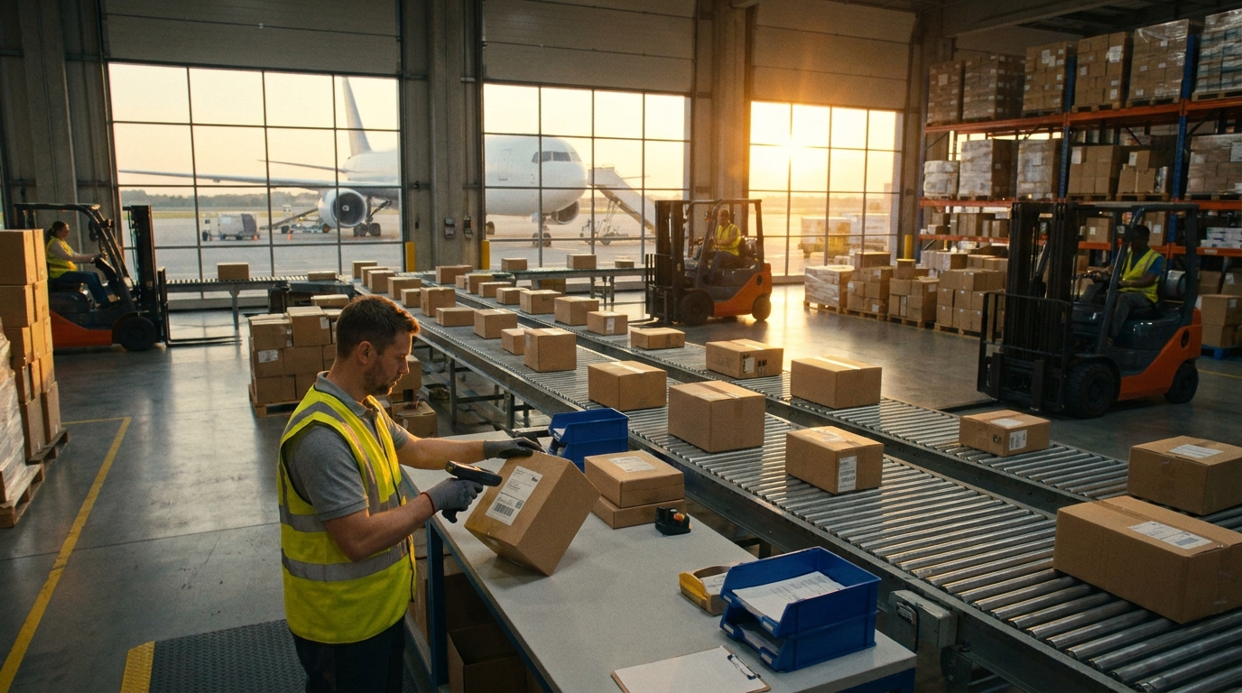 Warehouse worker scanning a parcel bound for Mexico in an ecommerce fulfillment center