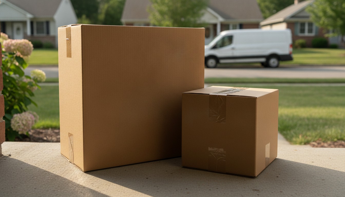 Two plain cardboard parcels from one order on a doorstep, showing the cost of split shipments in ecommerce