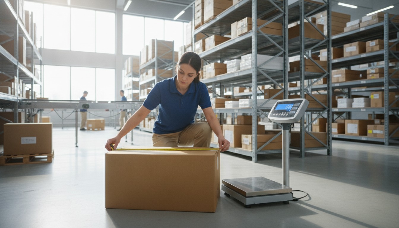 Warehouse worker measuring a large box with a tape measure beside a shipping scale, illustrating USPS DIM weight 139 divisor rules in 2026