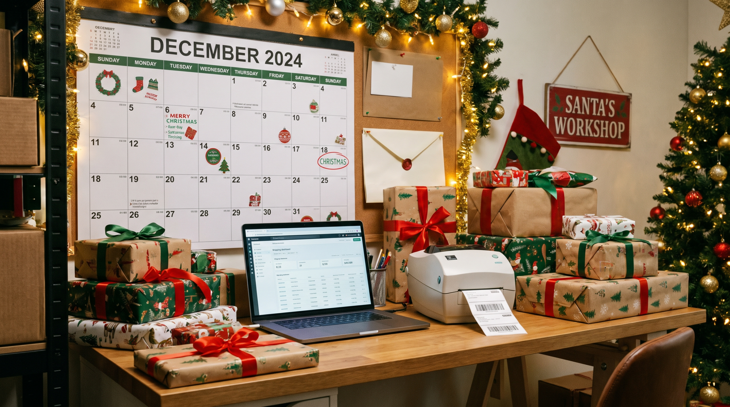 Holiday parcels and a December calendar showing the 2026 holiday shipping deadlines for online sellers