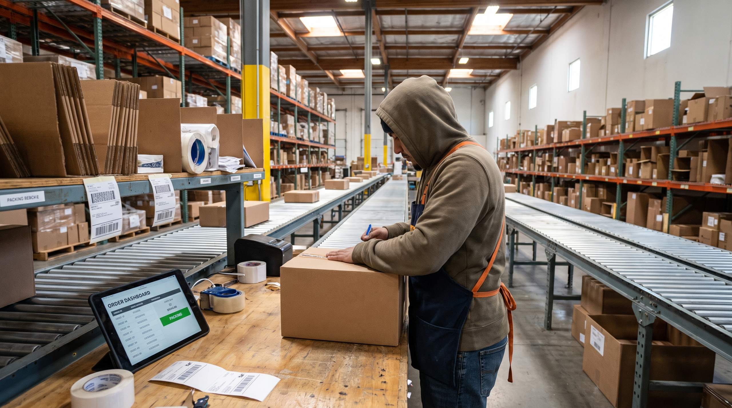 Amazon MCF fees 2026: seller packing unbranded boxes inside a fulfillment center with shelving and conveyor