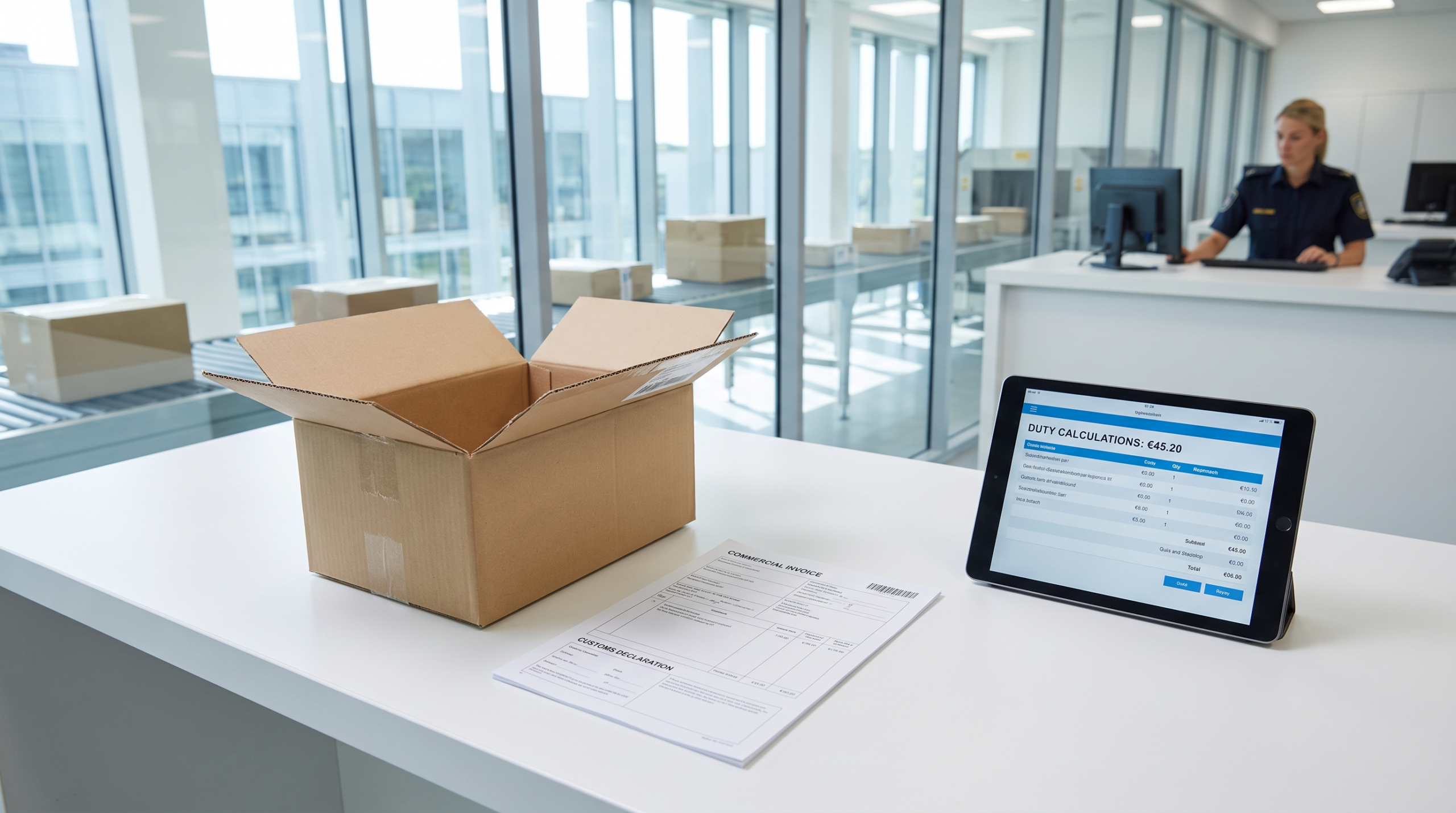 Customs desk with parcel and duty calculation tablet, illustrating shipping to France from the US