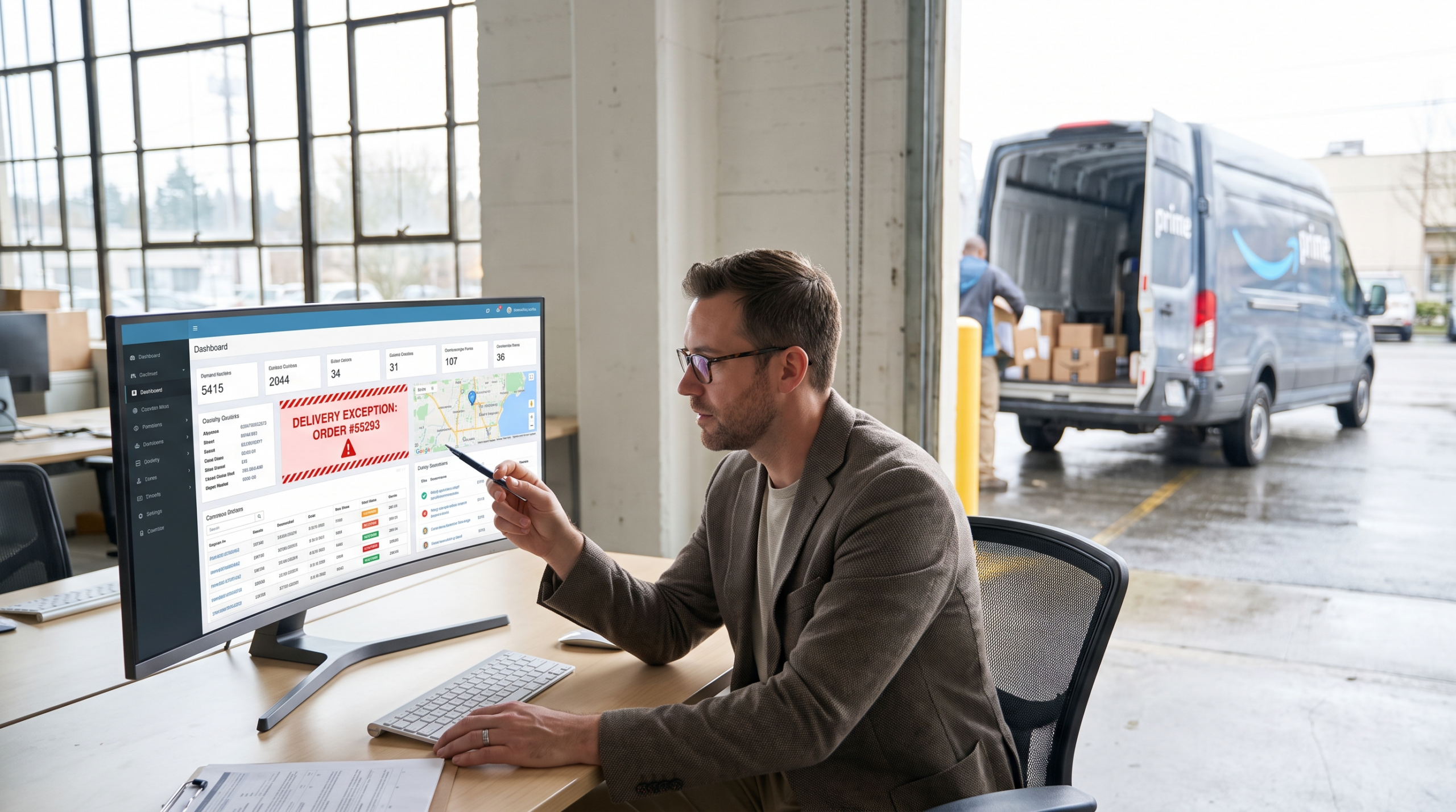 Ecommerce operations manager reviewing a delivery exception alert on a parcel tracking dashboard