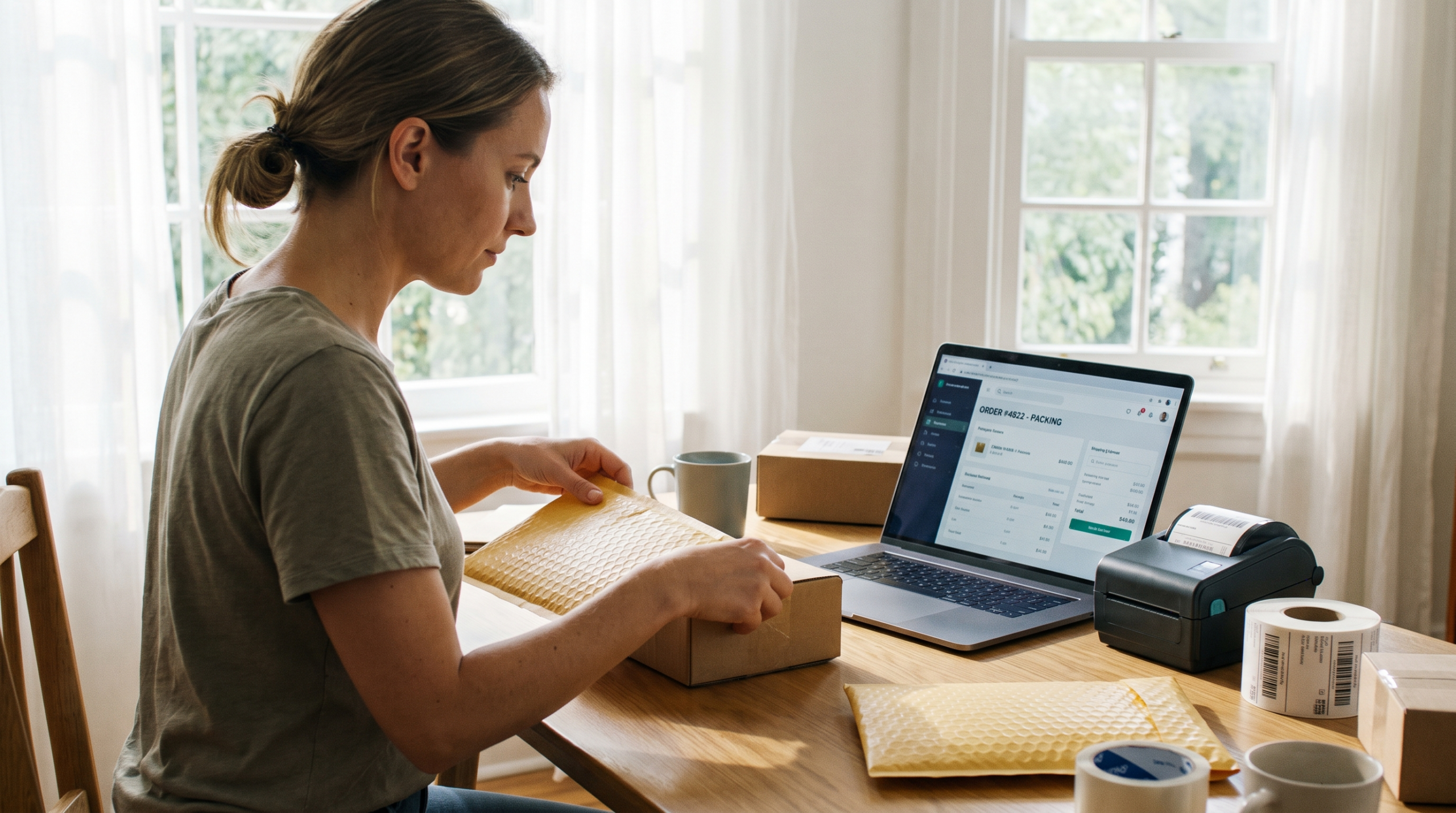 Online seller packing an order and printing a label for eBay shipping in 2026