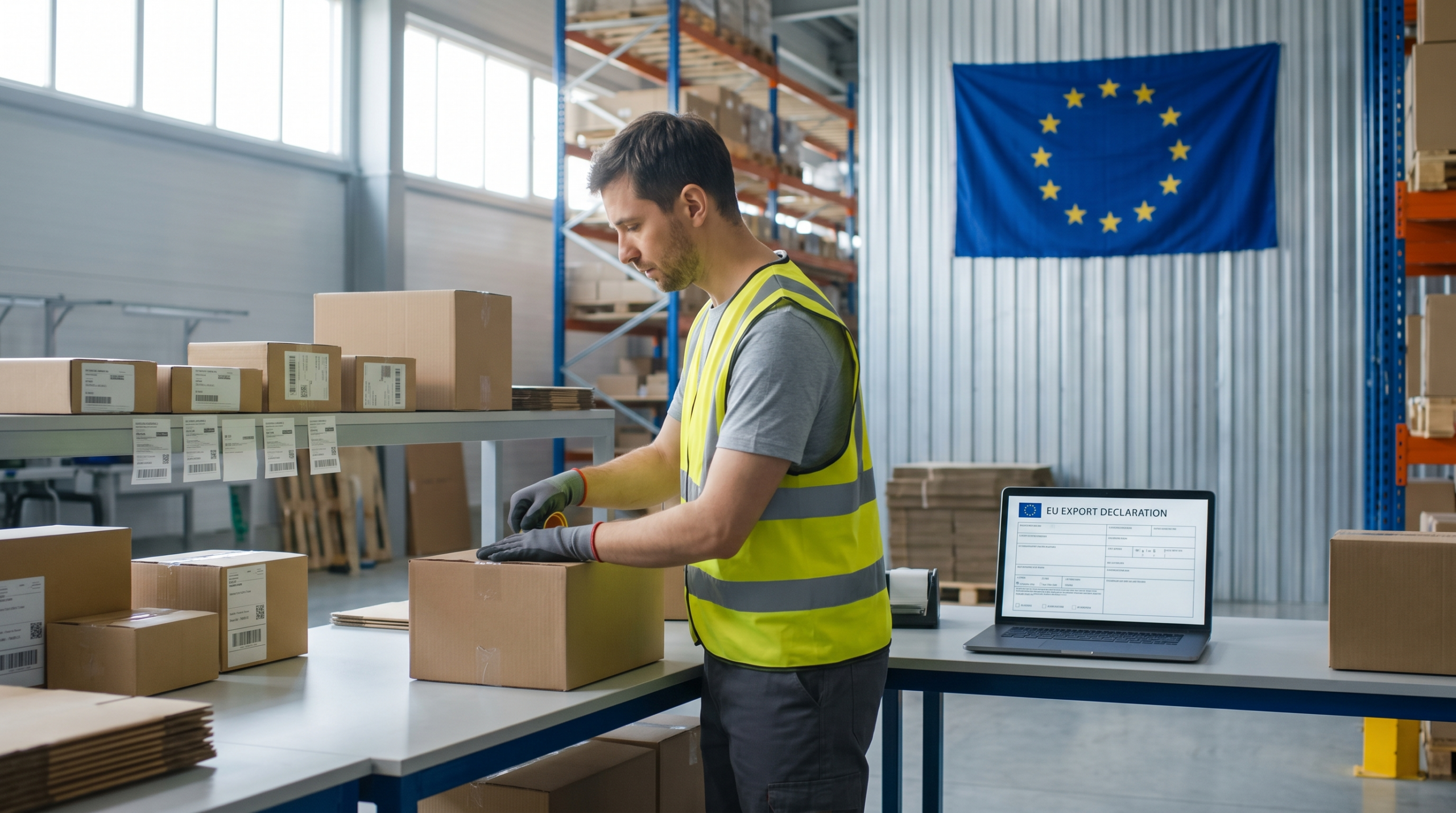 Fulfillment worker preparing e-commerce parcels for the EU, illustrating the EU customs handling fee arriving in November 2026