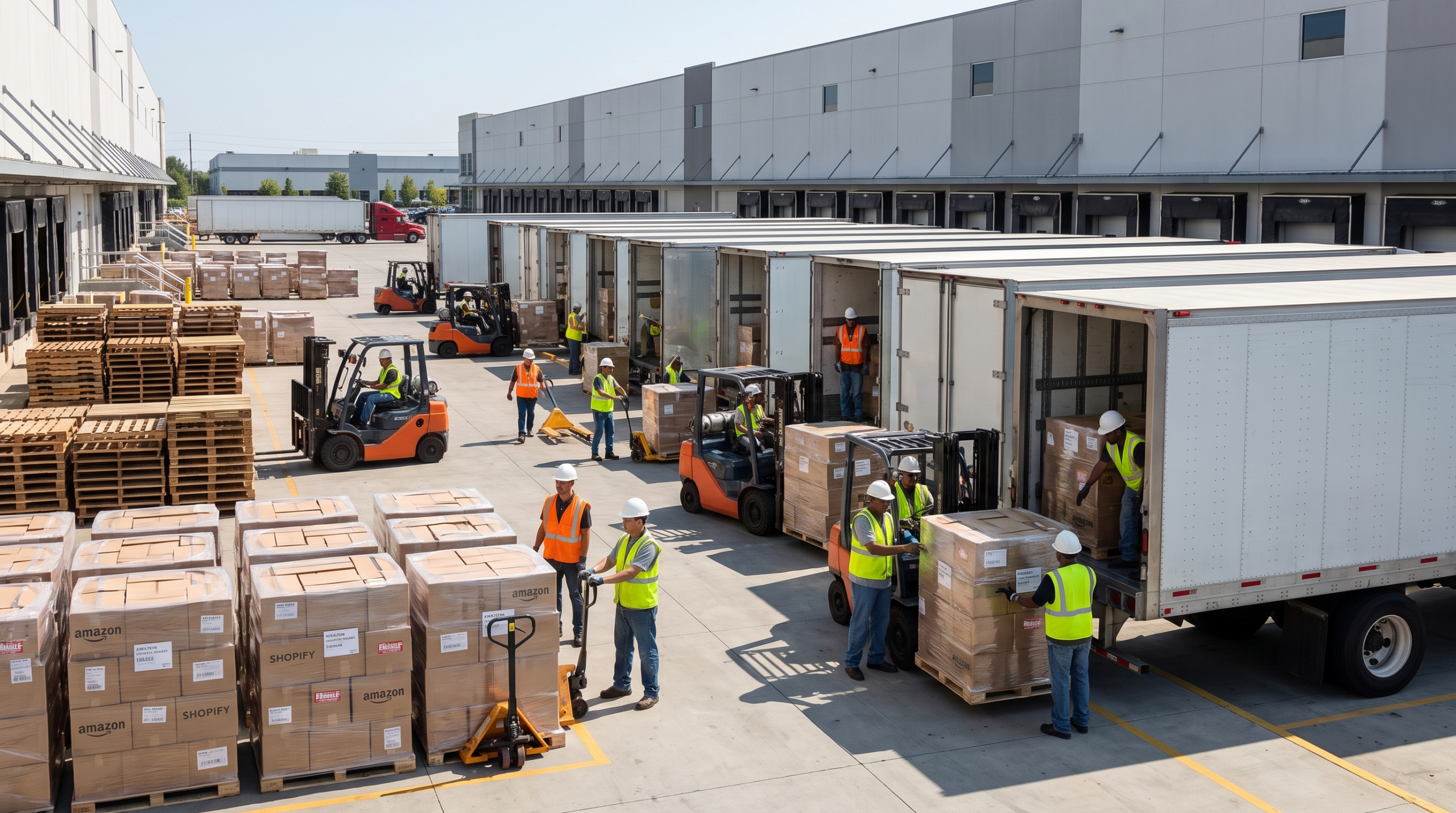 Pallets of FBA inbound shipments being loaded at an e-commerce fulfillment center to avoid inbound placement fees