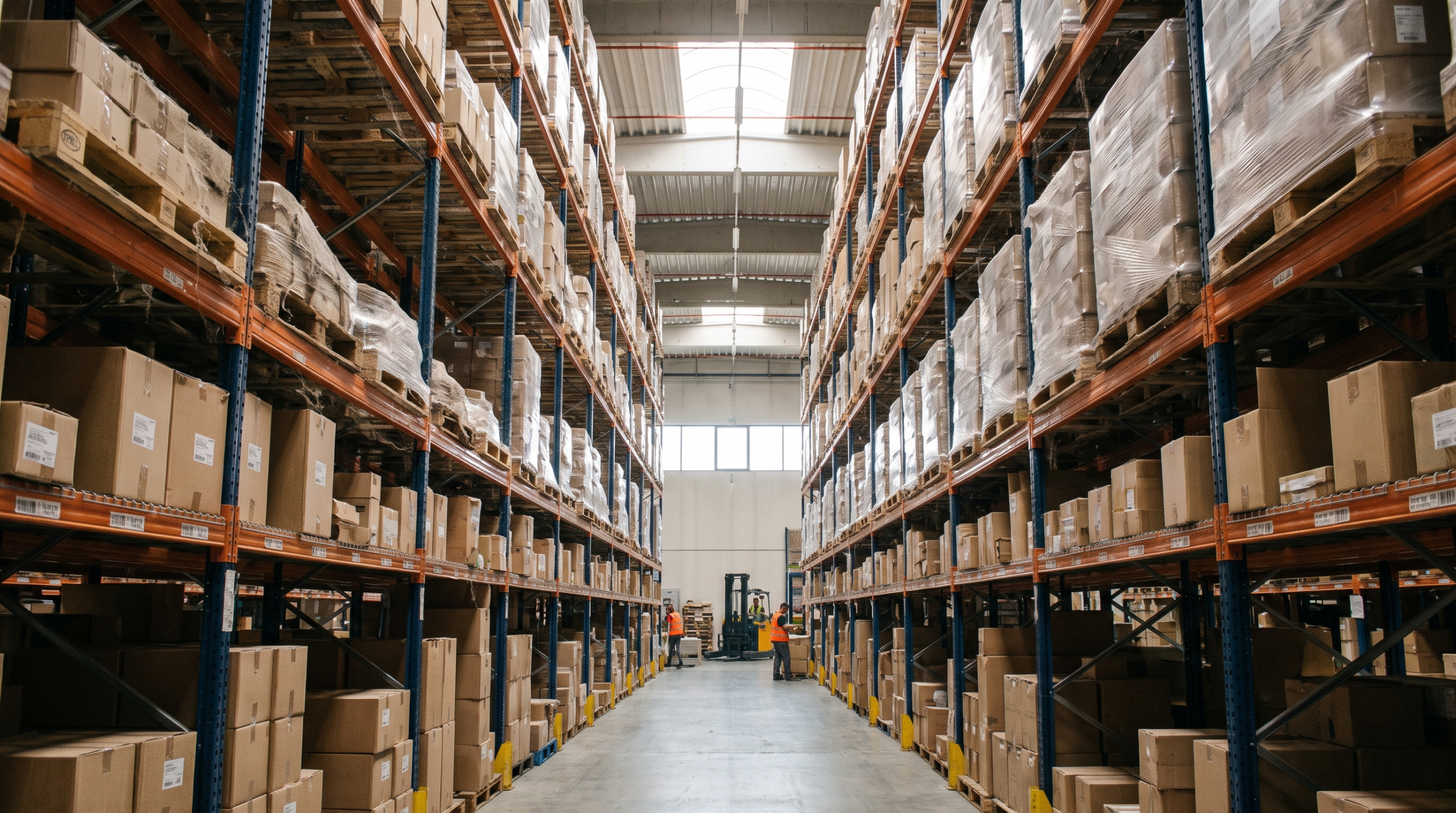 Rows of stacked inventory cartons in a fulfillment center illustrating Amazon FBA storage fees on aged inventory