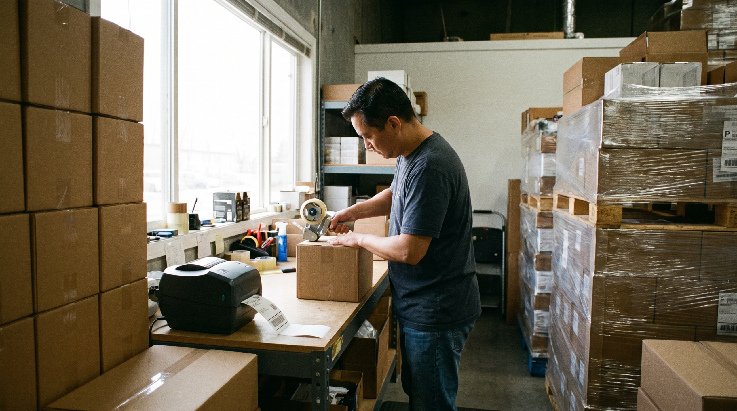 FBA vs FBM 2026: an ecommerce seller packing orders in-house beside inventory palletized for a fulfillment center