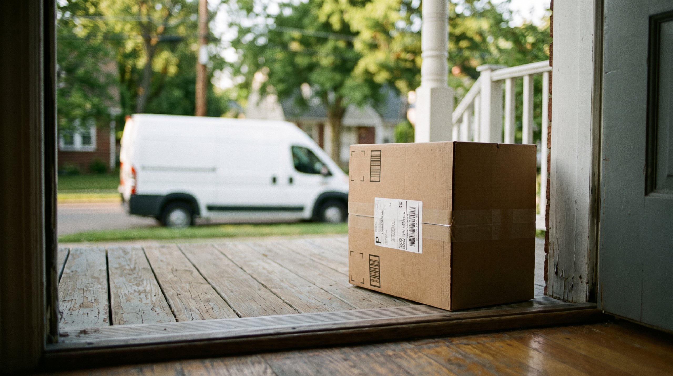 Parcel on a suburban doorstep illustrating the international residential delivery charge in 2027