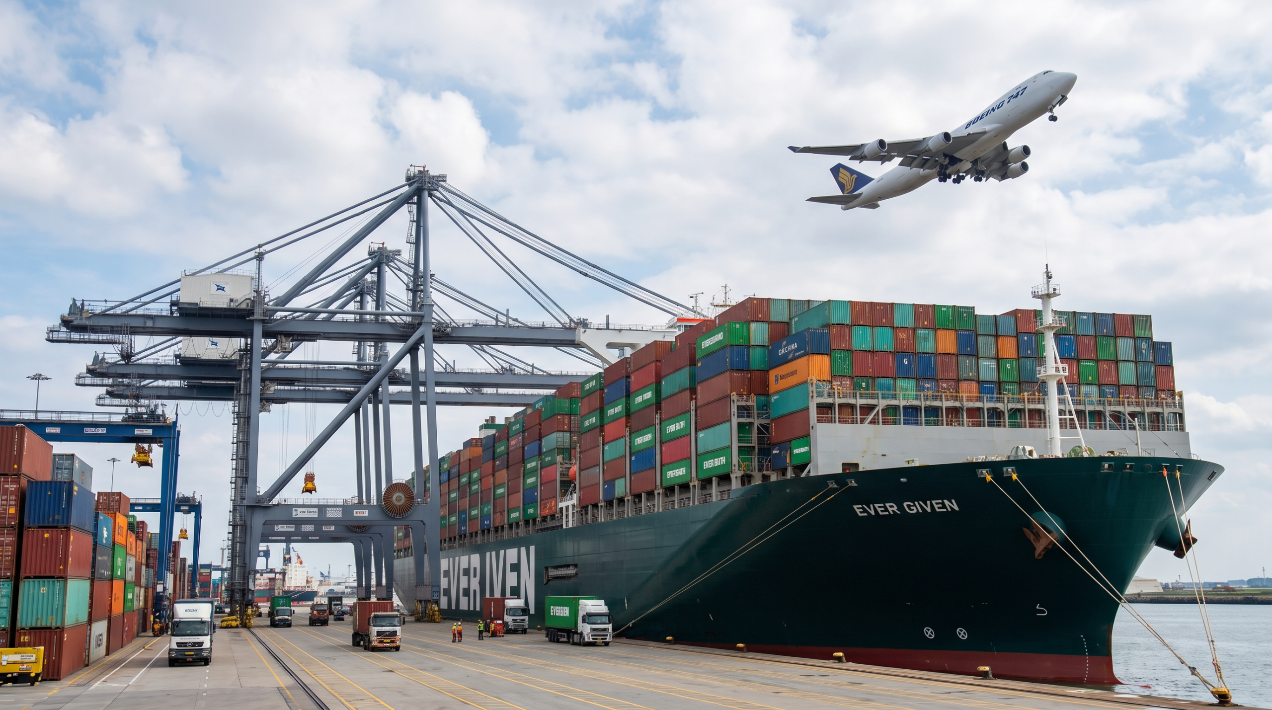 Container ship at a port terminal and a cargo plane overhead illustrating ocean freight vs air freight for ecommerce restocking in 2026