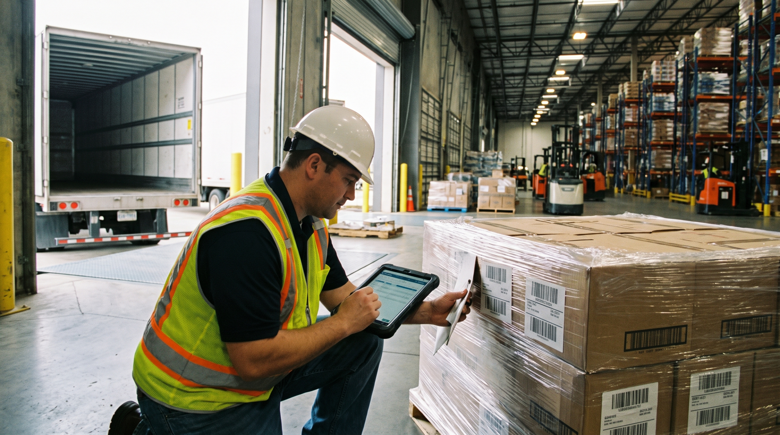 Warehouse checking supervisor a labeled retail pallet at a dock, illustrating retail routing guide compliance in 2026