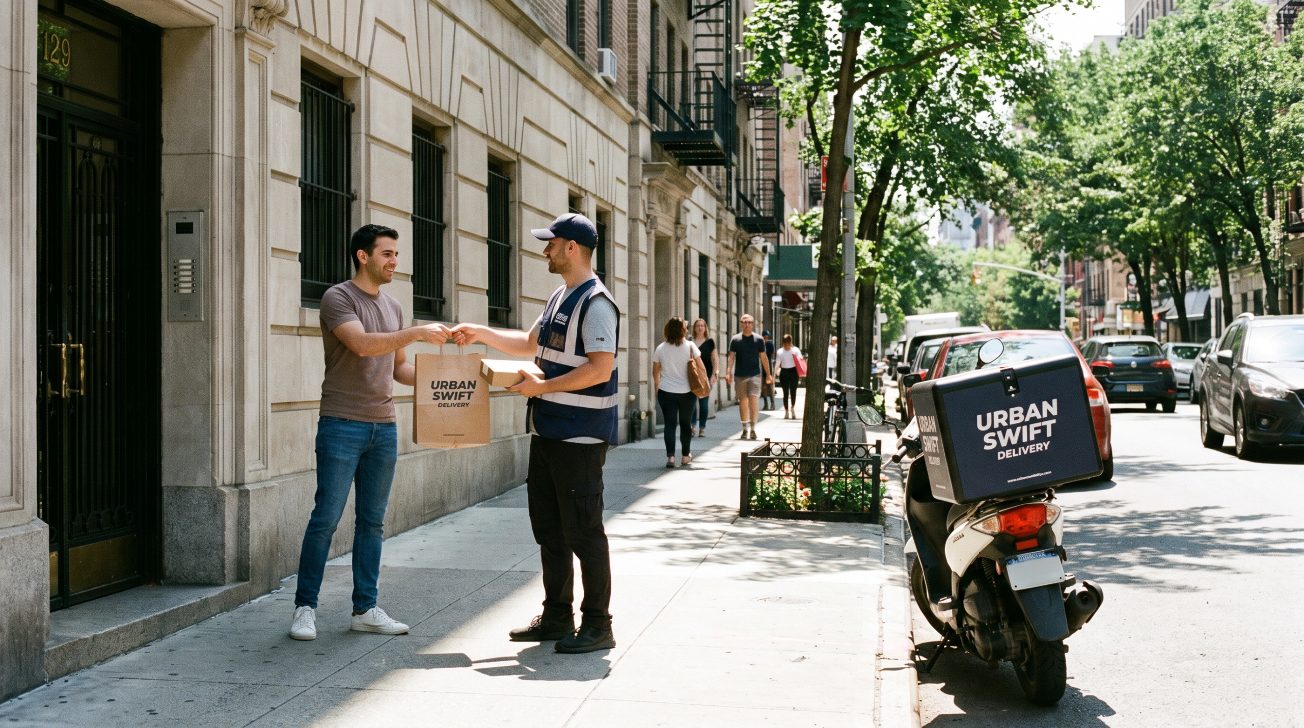 Local courier completing a same-day delivery of an ecommerce order at a customer's doorstep in 2026