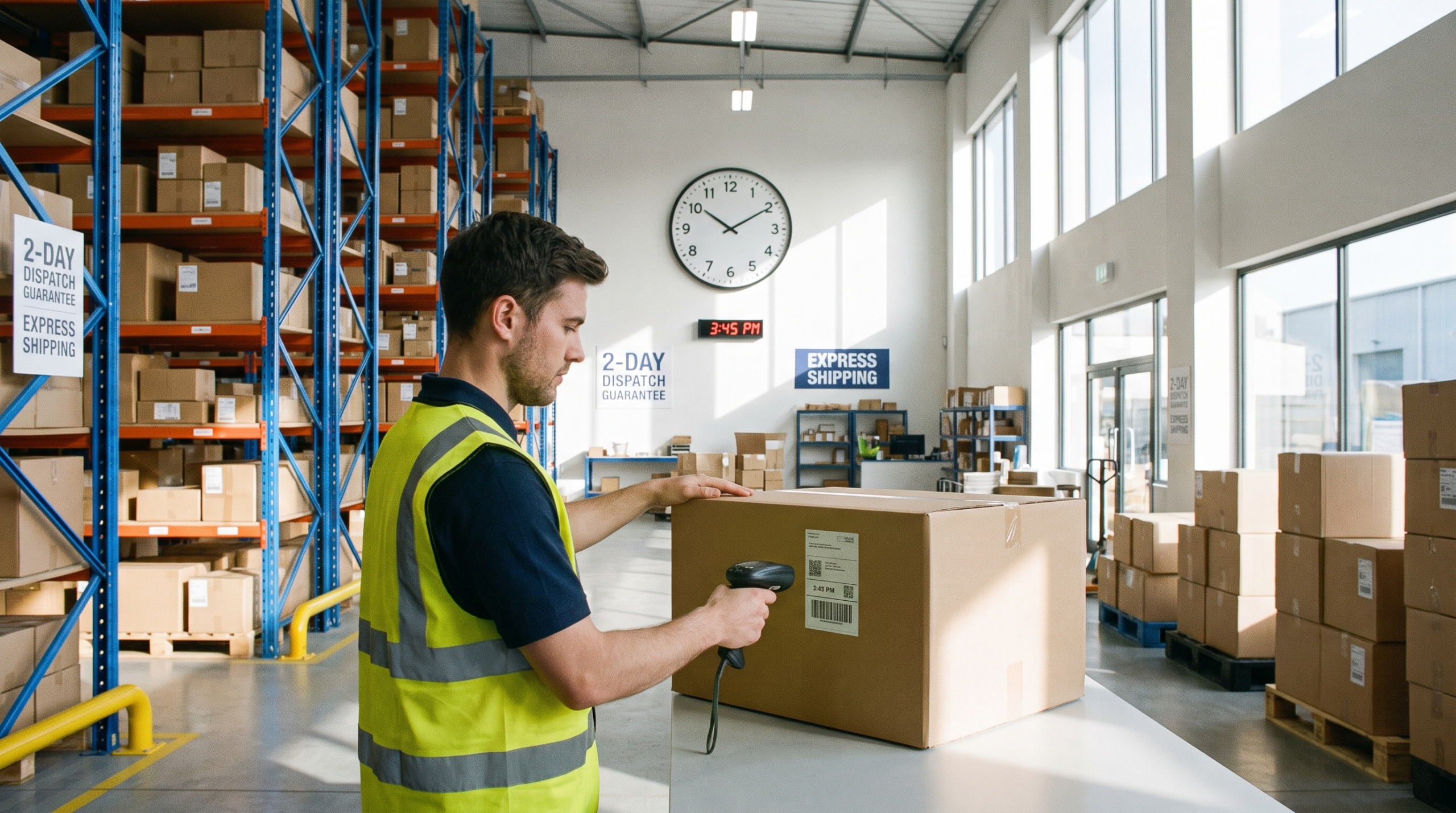 Seller Fulfilled Prime fulfillment worker scanning a label on a packed order for same-day dispatch