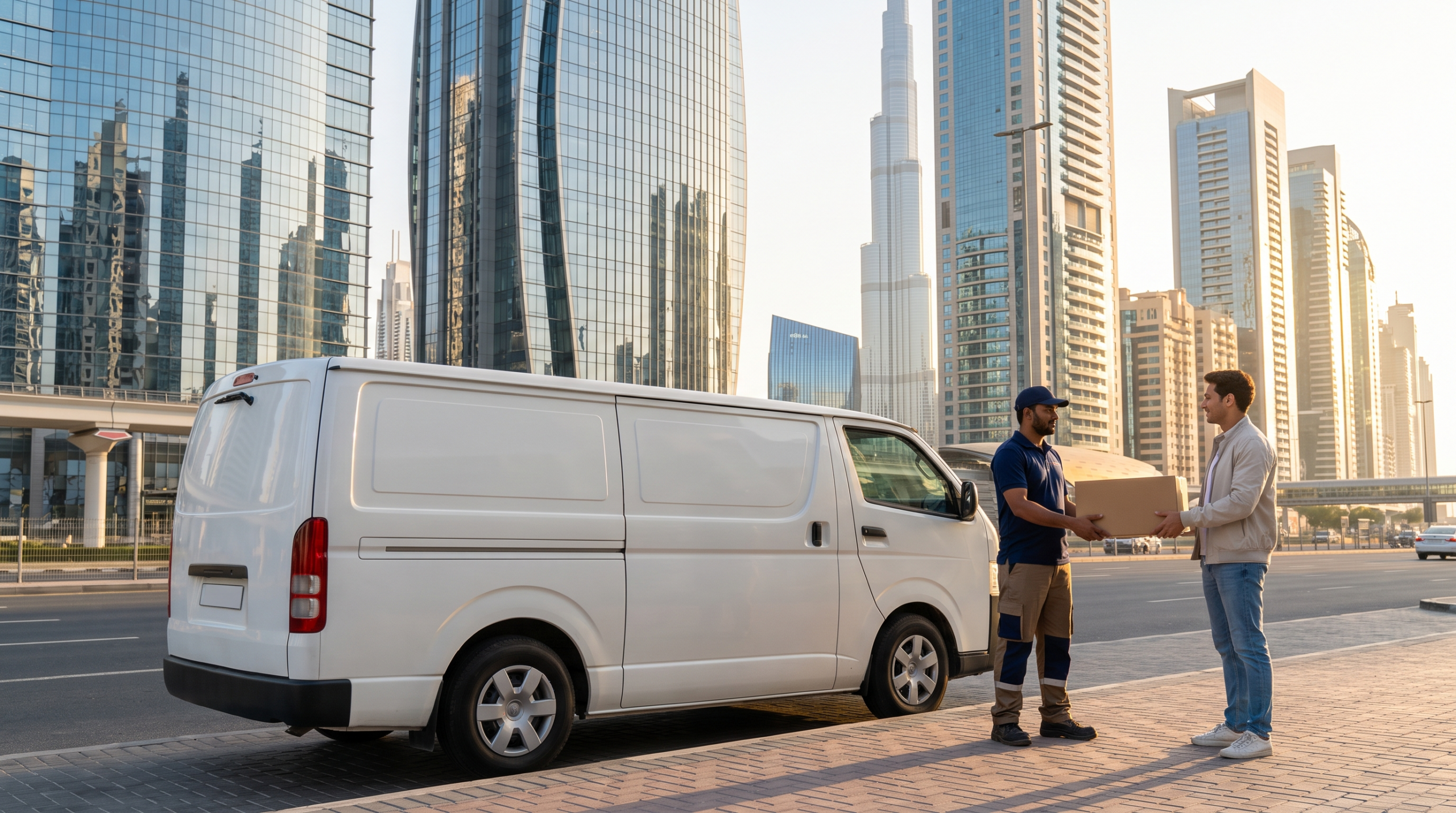 Envíos a los Emiratos Árabes Unidos desde EE. UU.: mensajero entregando un paquete de comercio electrónico en Dubái.