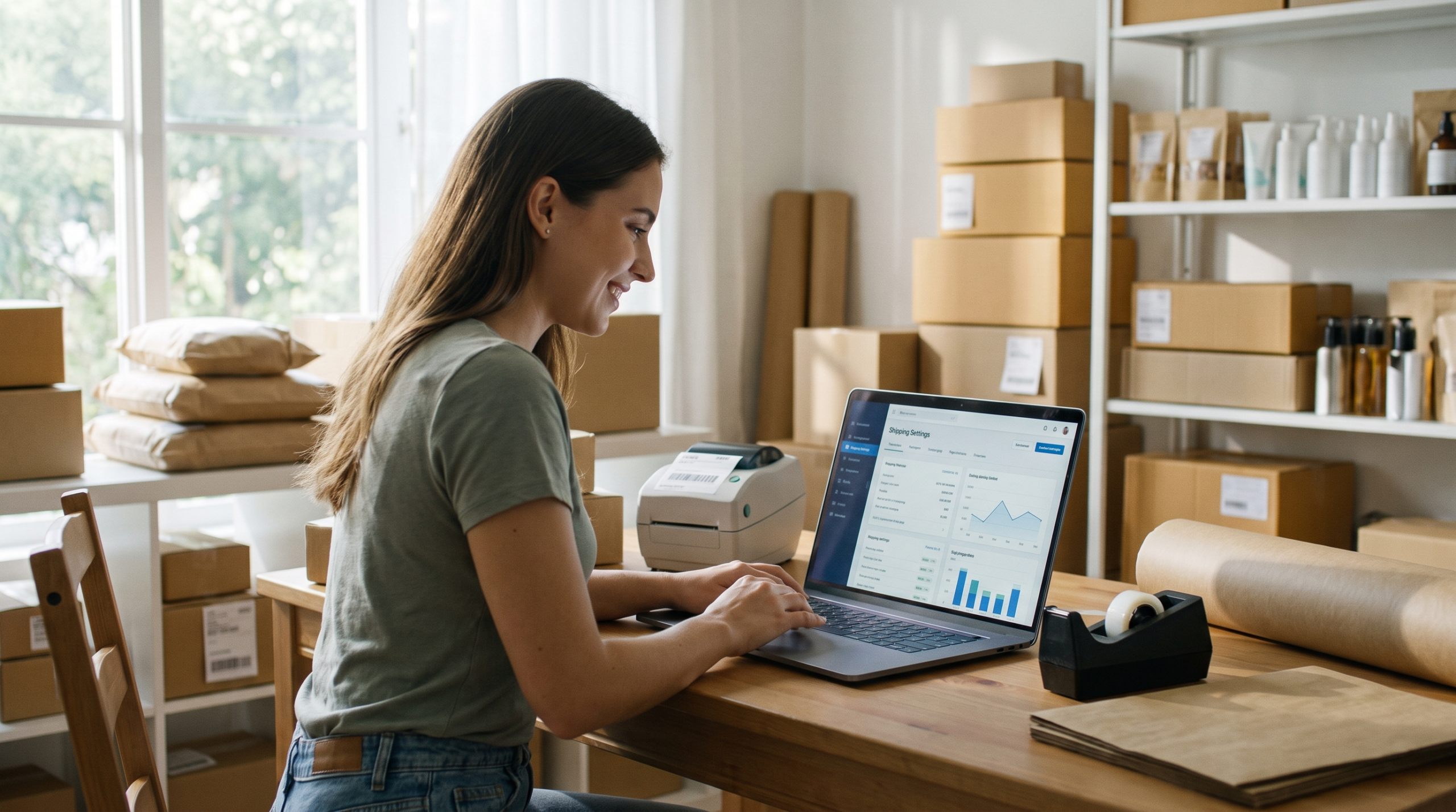 Ecommerce seller configuring Shopify shipping profiles and rates on a laptop