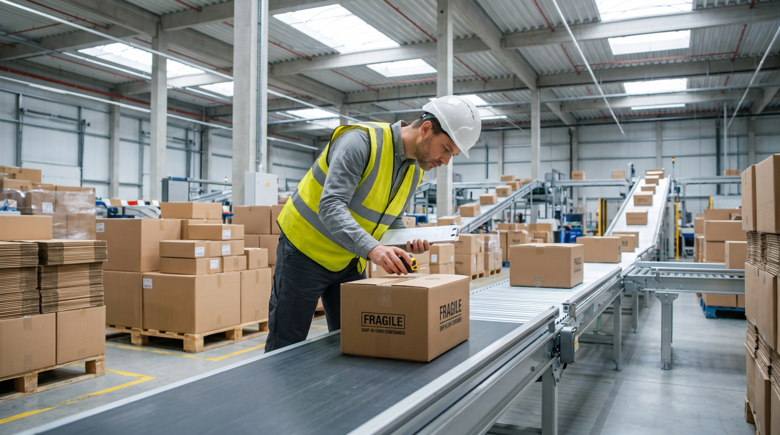 Packaging engineer inspecting a box for SIOC packaging certification in a fulfillment center
