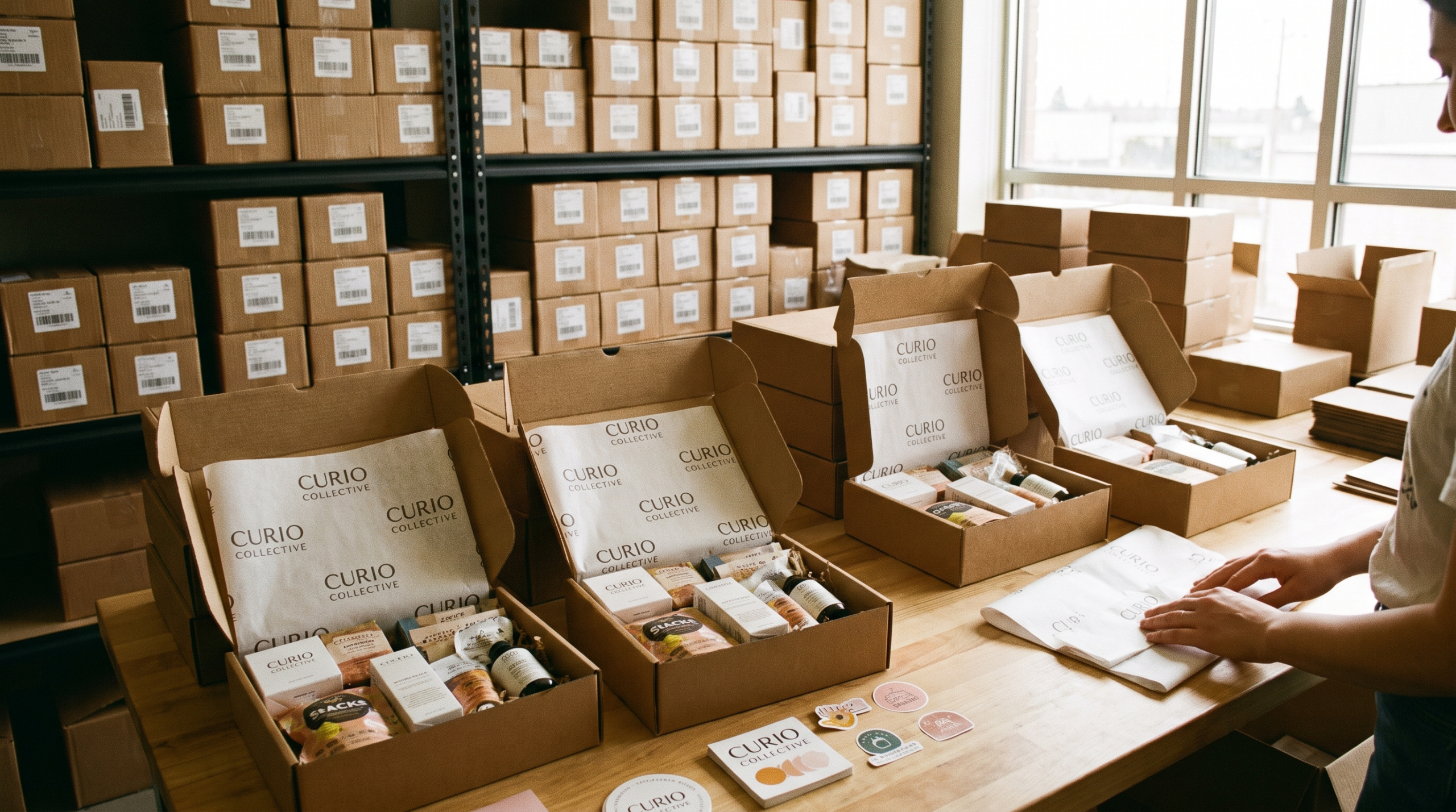 Subscription box shipping: branded boxes being packed and sealed at a fulfillment center