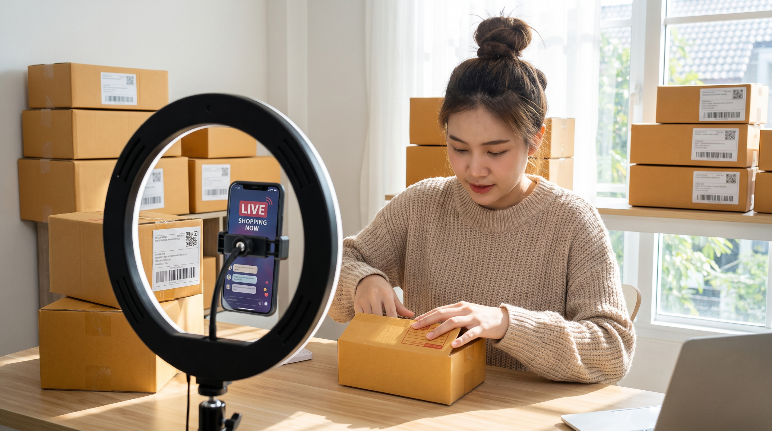 Ecommerce seller packing TikTok Shop orders beside a live shopping stream - TikTok Shop shipping in 2026