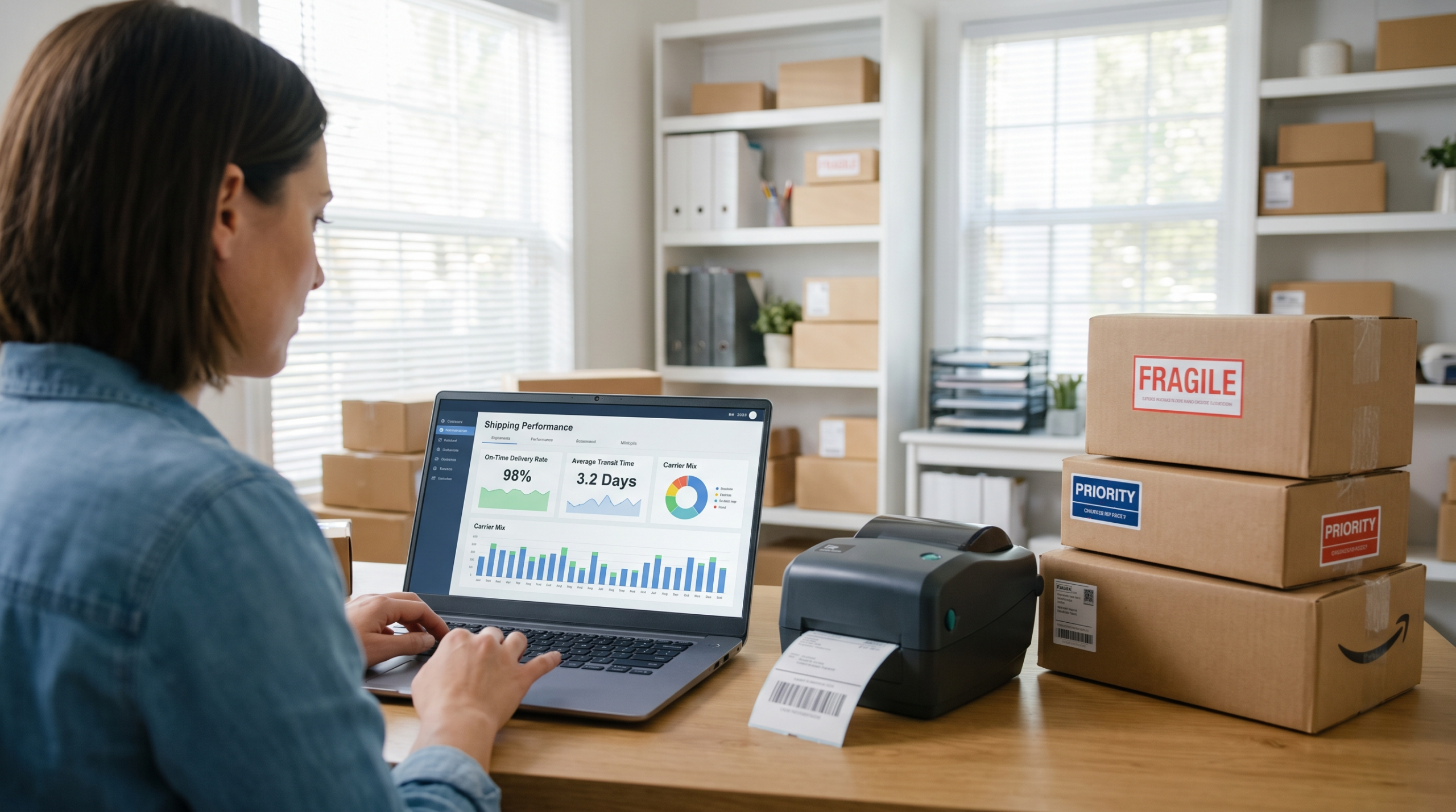 Ecommerce seller reviewing a dashboard of Walmart Marketplace shipping standards and delivery metrics